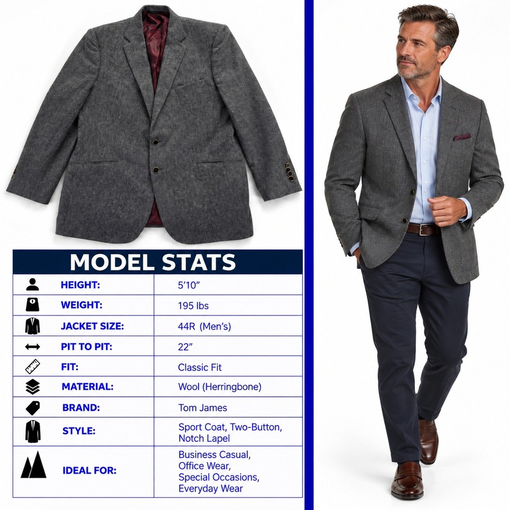 Tom James Executive Collection Grey Herringbone Wool Sport Coat Blazer 44R Mens